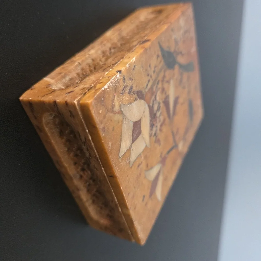 Vtg Marble Stone Mother of Pearl Inlay Floral Trinket Box Made N India Rectangle